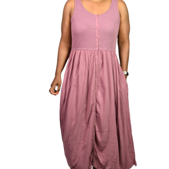 Frye Easy Button Front Dress Pink Mauve Tank Jersey Knit Pockets Rayon Medium - Picture 12 of 15
